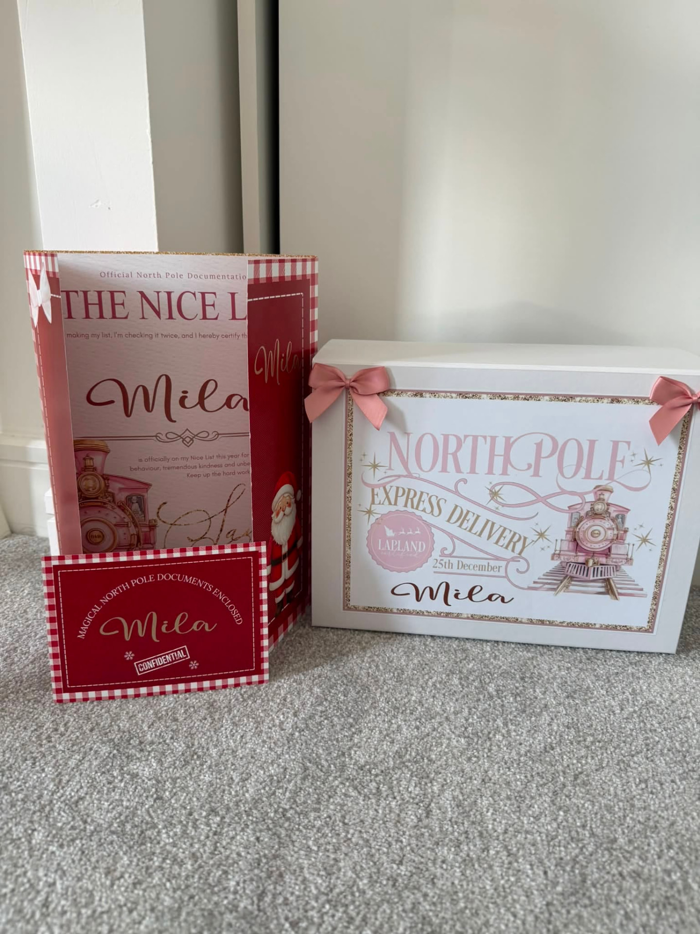 Pink North Pole Express Delivery box and Nice List card for Mila
